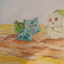 Bulbasaur and Chikorita in quicksand
