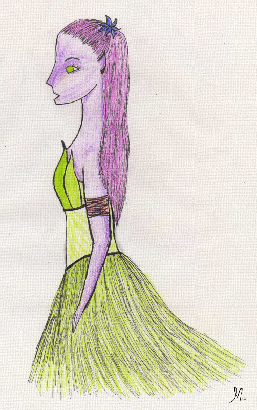 Purple elf in a green dress