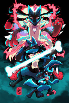 Riolu, Lucario, and Mega Lucario poster