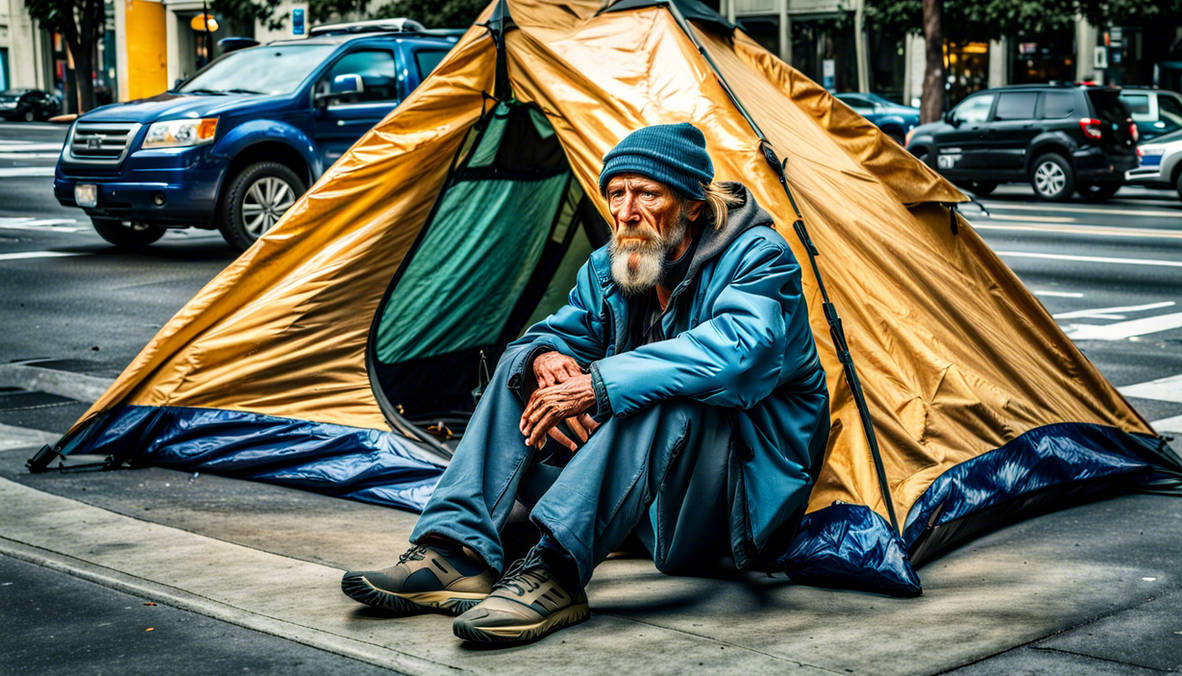 A homeless man in San Francisco living in a tent o