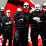 Band of armed anarchists stand behind a red and bl