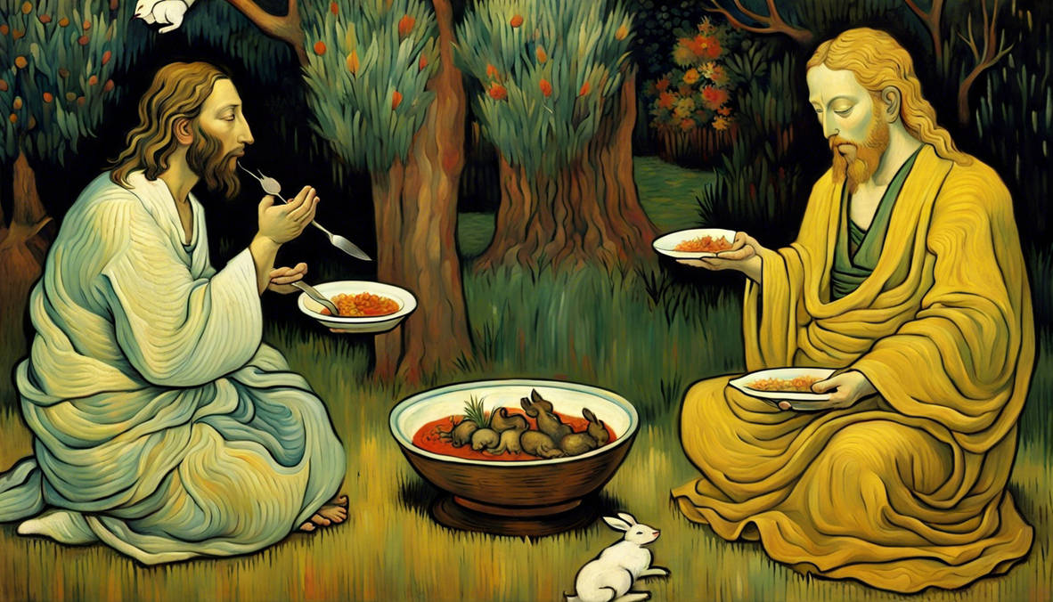 Buddha Ror Rabbit Jesus and buddha eat rabbit stew painted by Vincen by madincleveland on ...