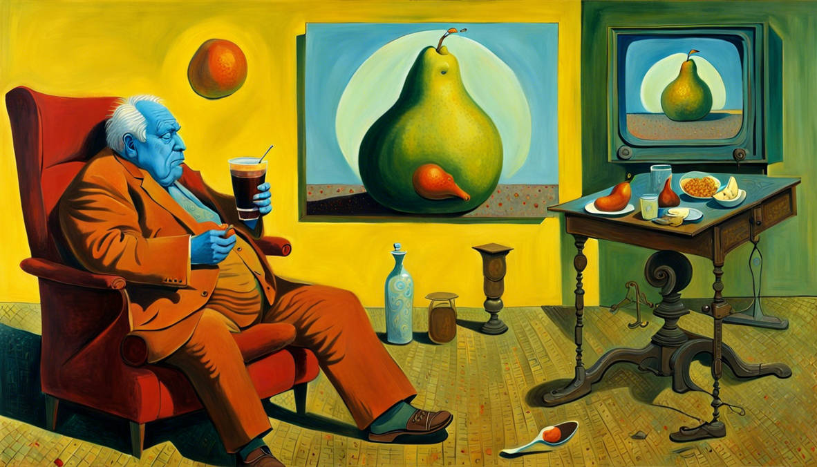 Old fat man sits in his easy void chair drinking s