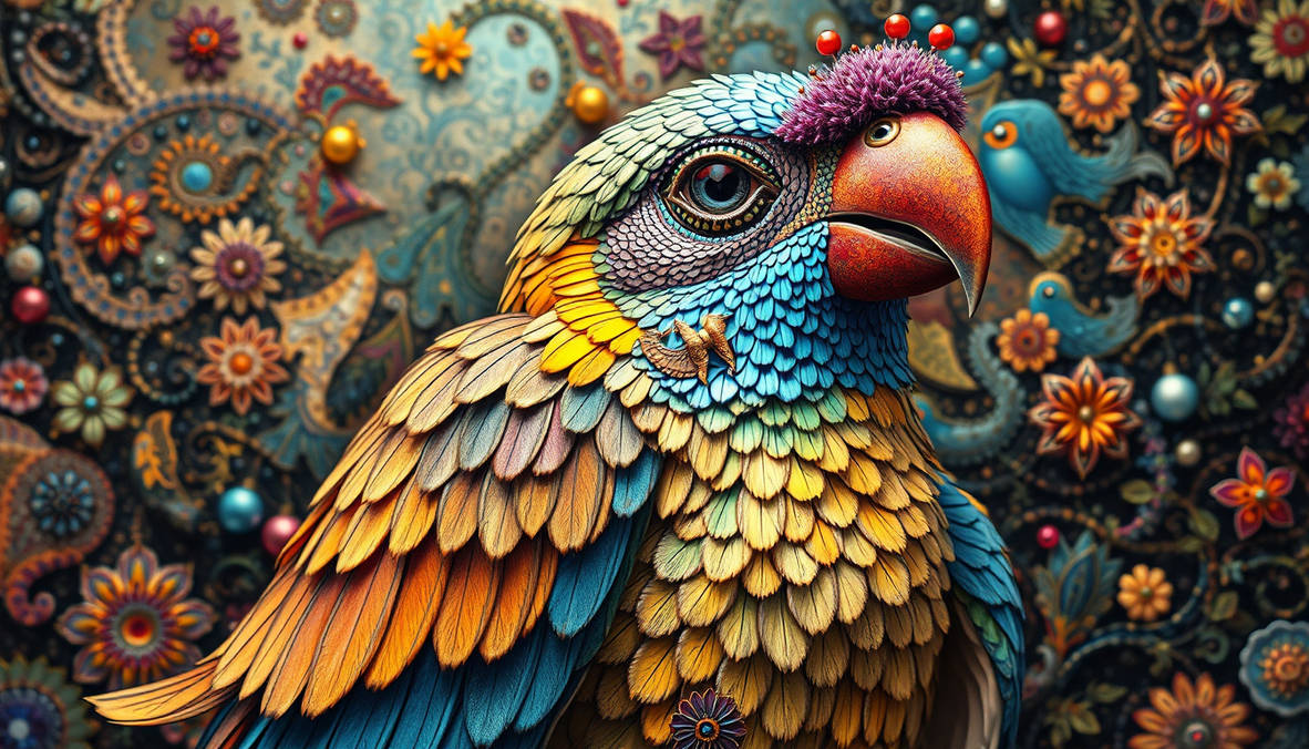Elaborate multicoloured psychodelic bird man thing
