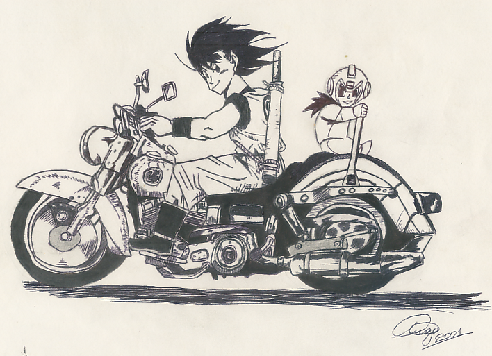 Goku e Gohan (Com capacete de Megaman) na Moto by Wolfghare on DeviantArt