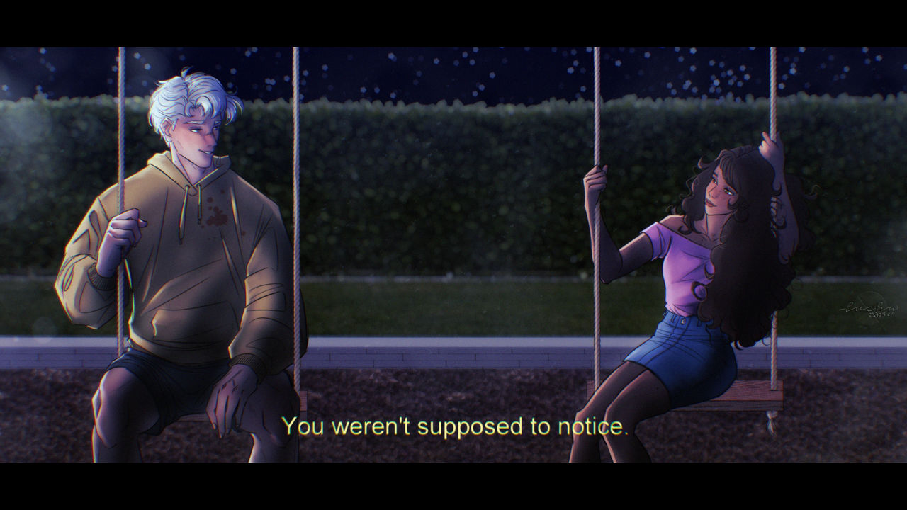Draco and Hermione seated on a swing, exchanging a look.