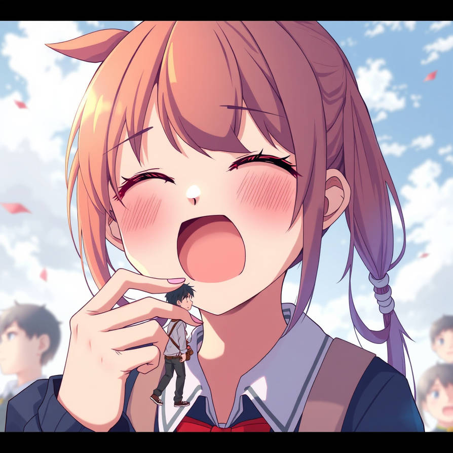 Giant student lovely girl open mouth eating tiny m