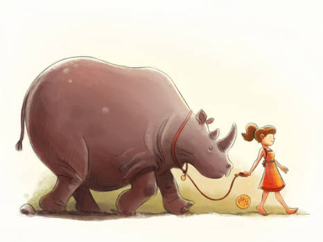 Girl Walking a Rhino