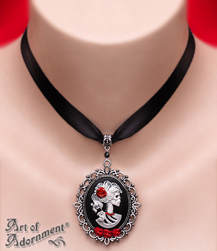 Lolita Rose Skull Cameo Satin Pendant Choker