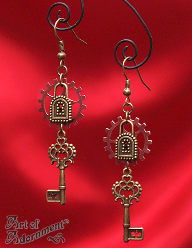 Patina Steampunk Lock and Key Earrings