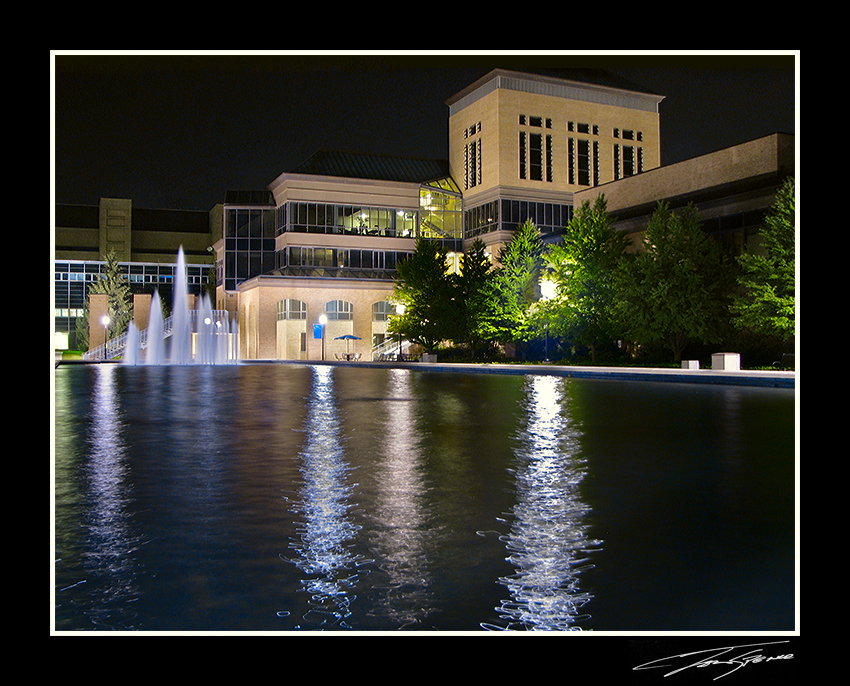 U of M fountains with building