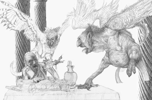 Phineus tormented by the Harpies, pencil rough