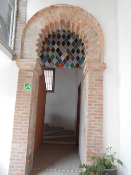 door with colored glass