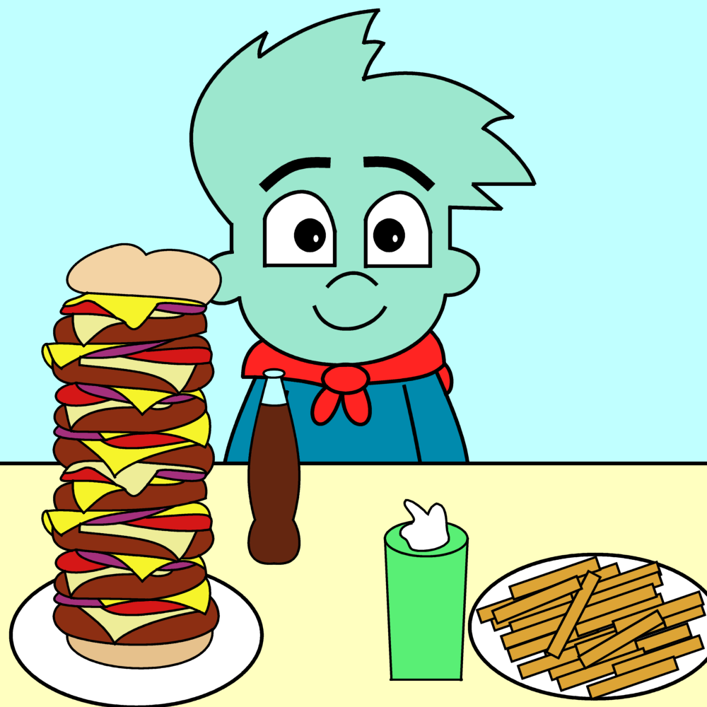 Pajama Sam about to eat a Octuple Bypass meal