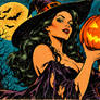 Vintage Glamour Witch and Glowing Pumpkin