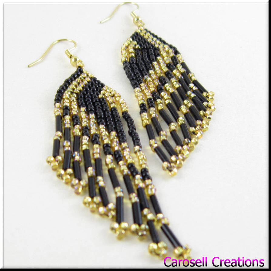 Long Fringe Black Gold Seed Bead Earrings By Carocreations On Long Fringe Black Gold Seed Bead Earrings By Carocreations
