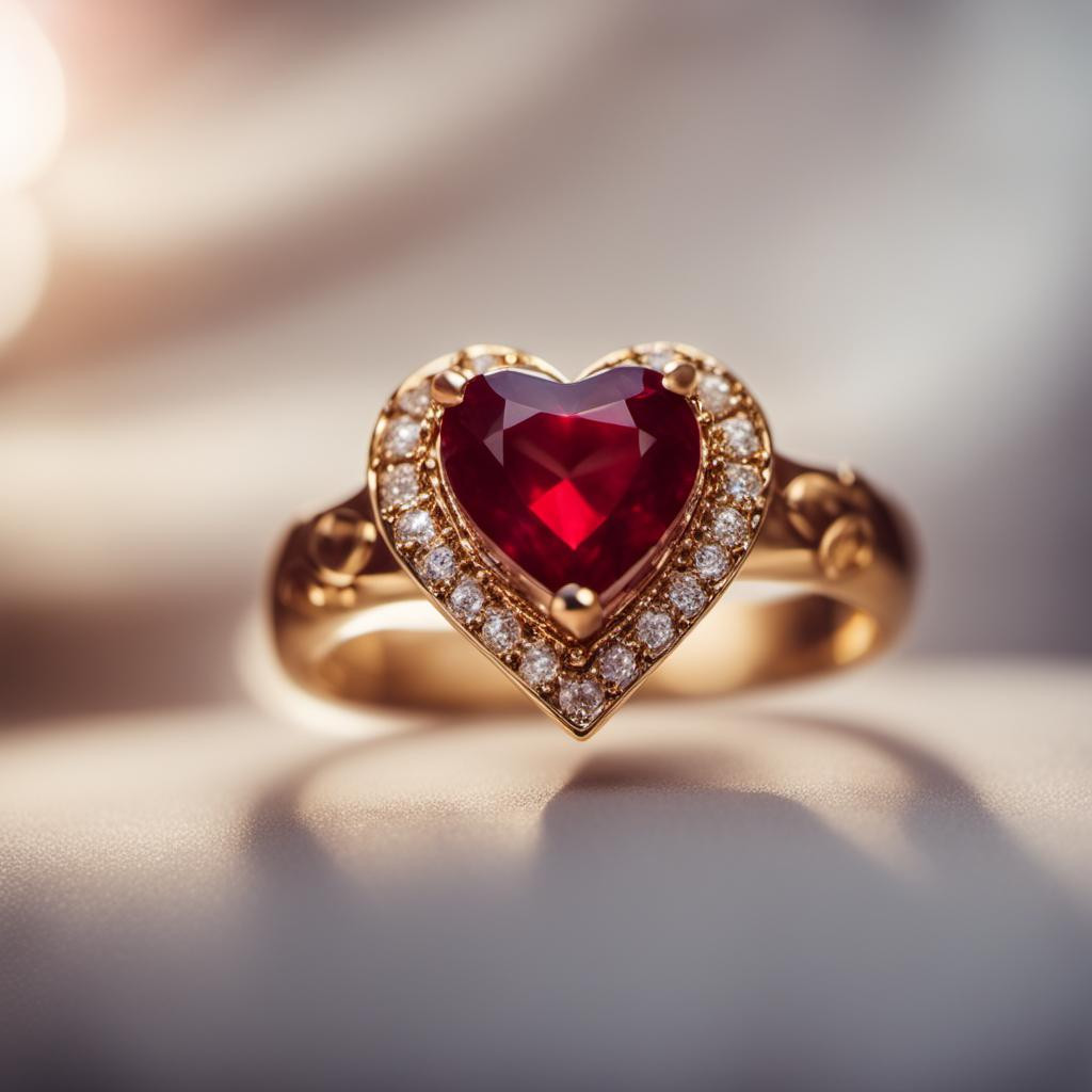 A gold ring with a ruby red heart on it