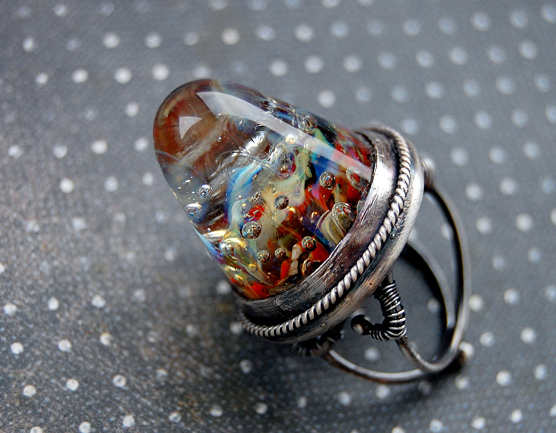 Ring sterling silver with lampwork cabochon