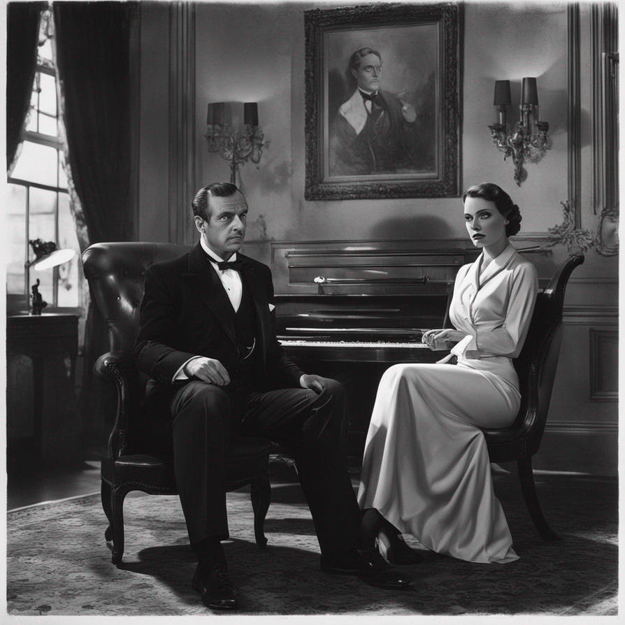 Private detective seated with a Beautiful Woman