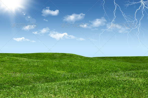 Green Lawn and Sky with Clouds, Sun and Lightening