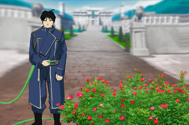 Roy Mustang watering flowers