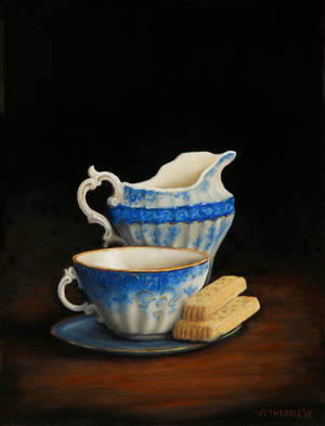 Flow blue cream pitcher jug still life painting fi