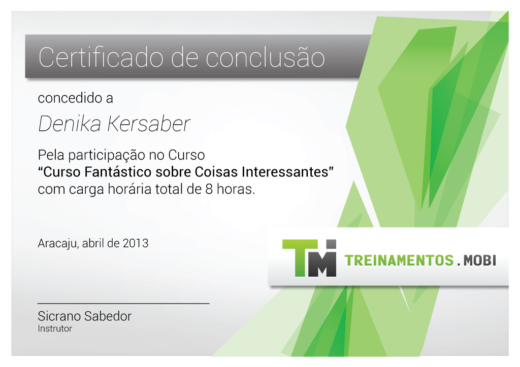 Certificado para cursos da Treinamentos.mobi