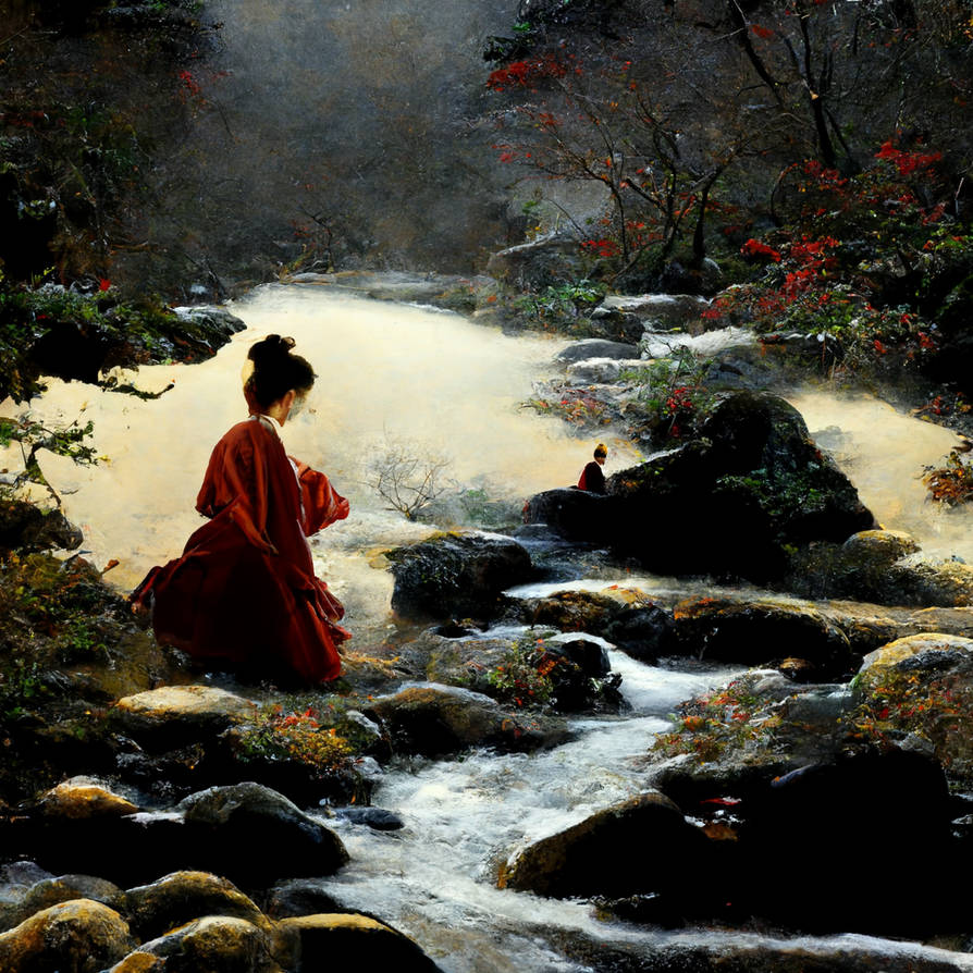 a woman is bathing in a stream by Mirecat2 on DeviantArt