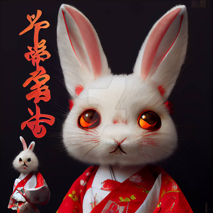 Midjourney: a cute white rabbit in Kimono by Mirecat2 on DeviantArt