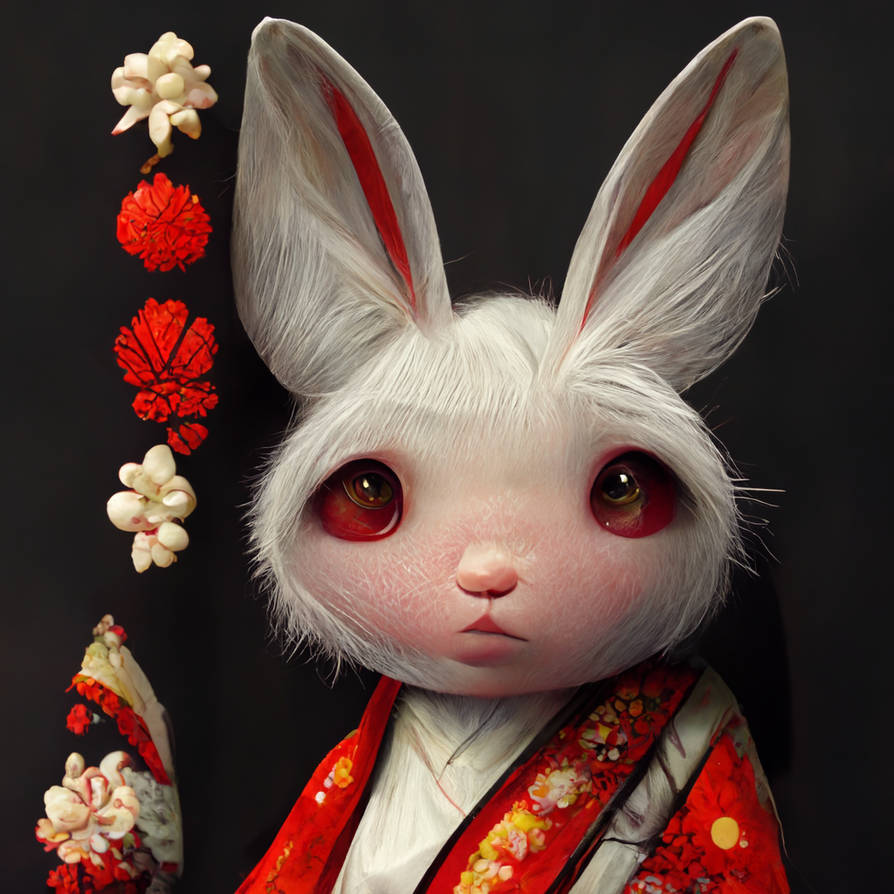 Midjourney: a cute white rabbit in Kimono by Mirecat2 on DeviantArt