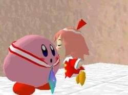 Kirby being kissed by Ribbon 