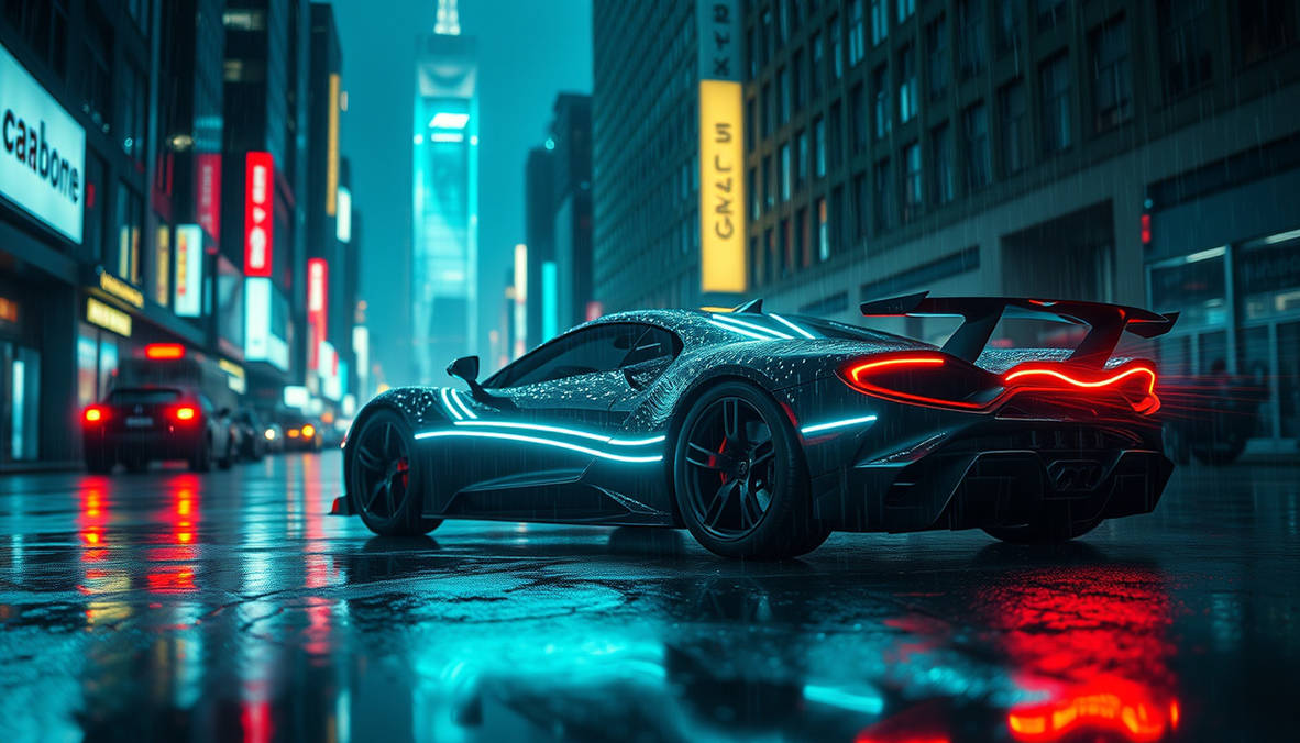 EXOTIC SUPERCAR with glowing TRON stripes in RAINI