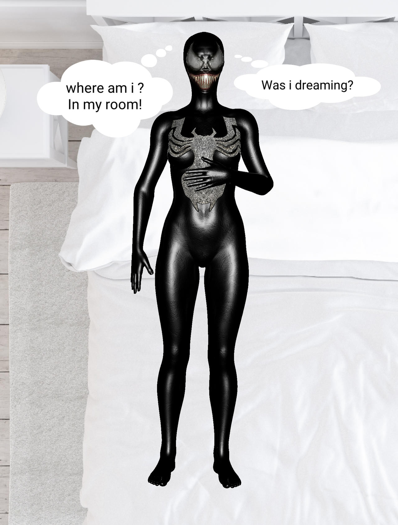 Mary jane wakes up at her room the symbiote took her body control as she faded and travelled back to her room