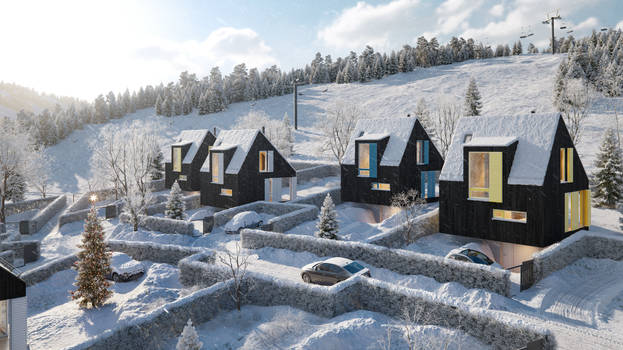 Village in the winter season 3d rendering