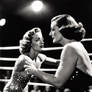 Vintage movie photo of Joan Crawford wrestling Bet