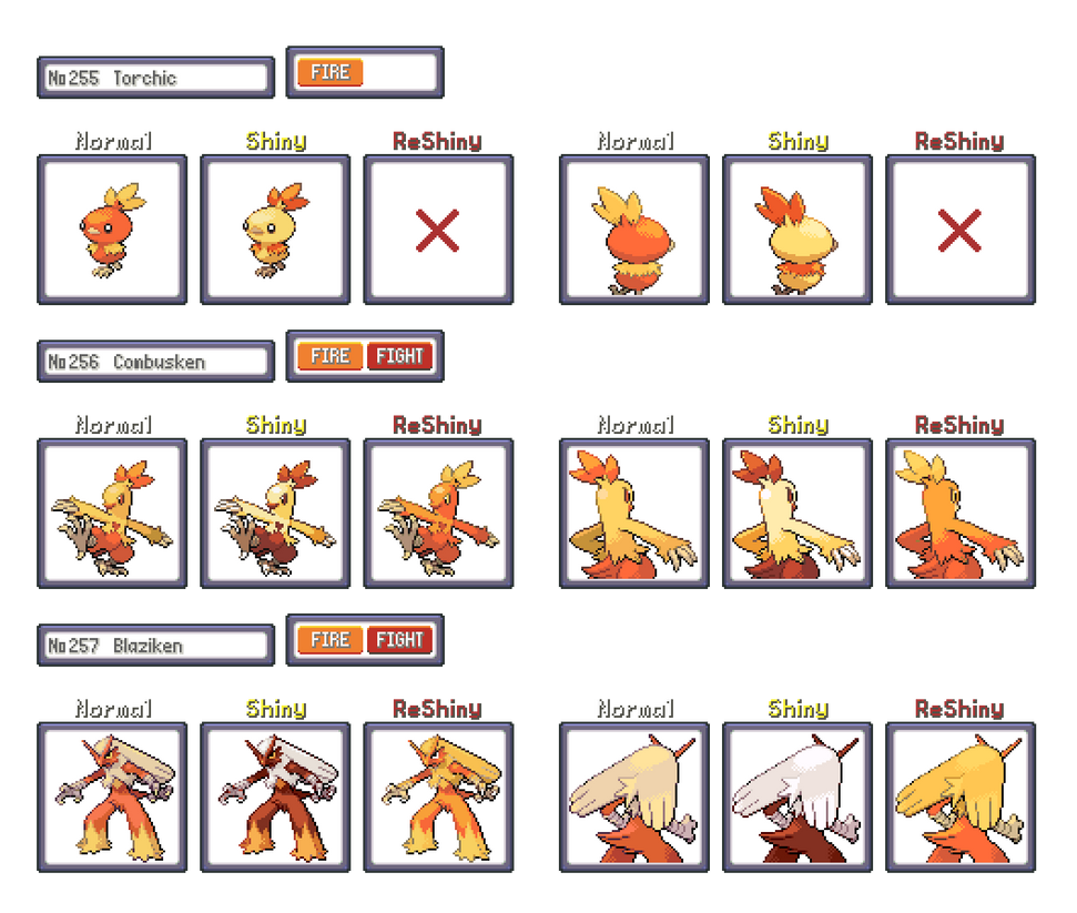 Shiny ReColour: Torchic line (gen 3) by ShinyDexProject on DeviantArt
