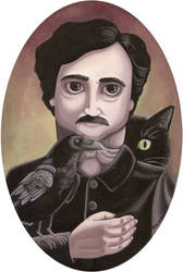 Edgar Allan Poe with a crow and a cat