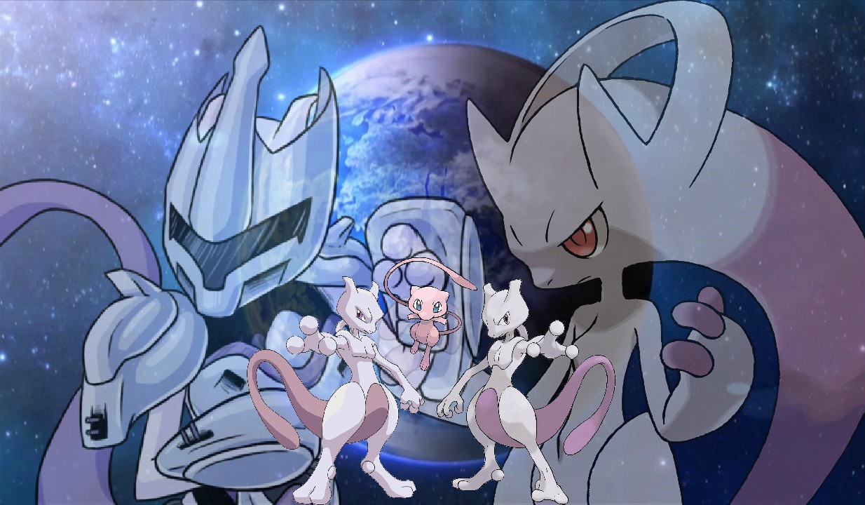 mew, mewtwo, and mega mewtwo y (pokemon) drawn by fukidashi_cotton