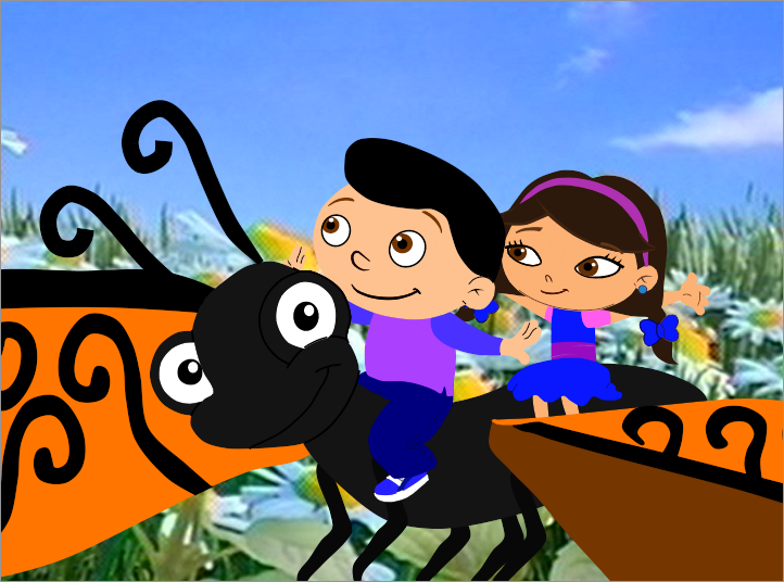 Eithan and Lucy riding on a butterfly