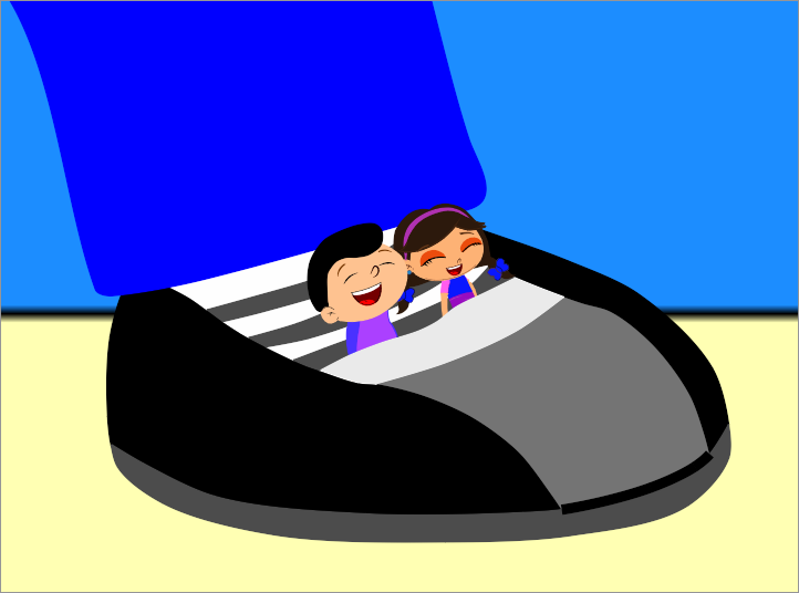 Tiny Eithan and Lucy riding on David's sneakers