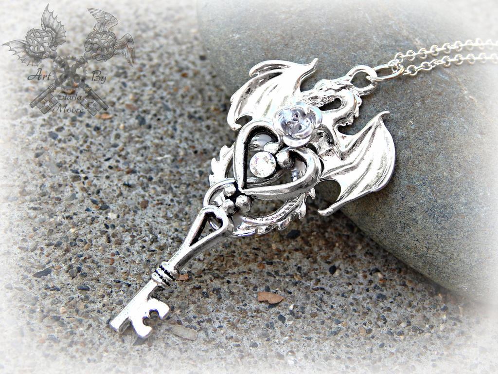 Silver and Crystal Moon Dragon Key Necklace