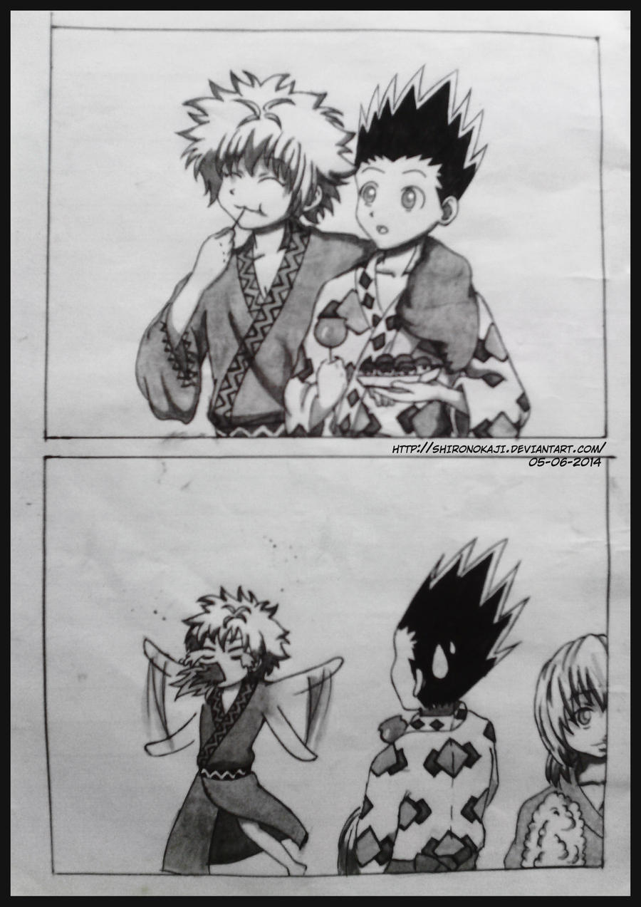 Hunter x Hunter Gon and Killua with random manga panel background