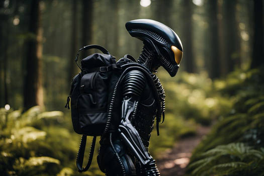 Xenomorph Hiking With A Backpack On His Back