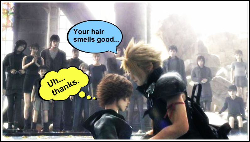 Cloud sniffs Denzel's hair xD