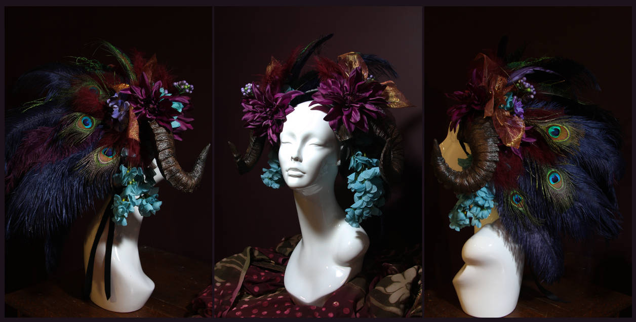 Crimson Peacock Ram Horn Headdress by JenniferWeiler