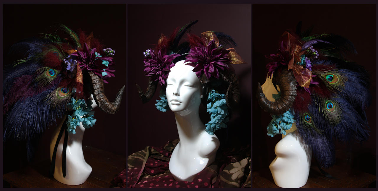 Crimson Peacock Ram Horn Headdress by JenniferWeiler