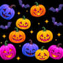 Spooky pumpkins in rainbow colors on a black backg
