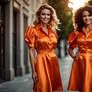 Bourgeois Ladys in shiny orange Shirtwaist Dresses