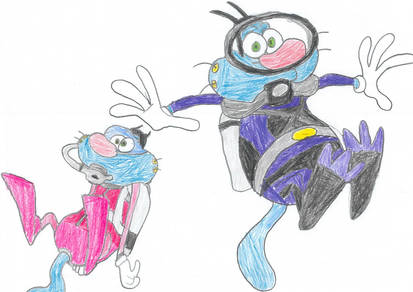 Drawings of Oggy in Scuba-Diving Gear