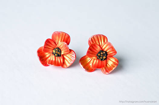 Orange poppy stud earrings, Polymer clay